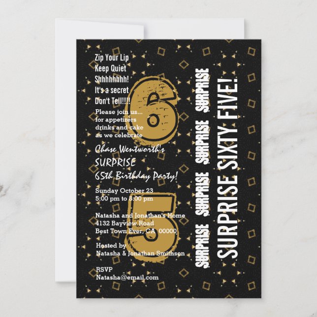 Invitación SORPRESA 65º cumpleaños moderno oro y negro W199A (Anverso)