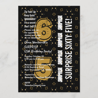 Invitación SORPRESA 65º cumpleaños moderno oro y negro W199A