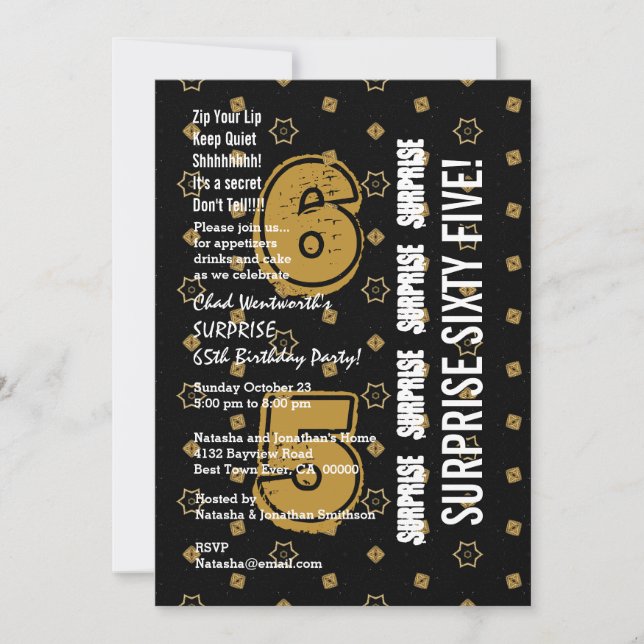 Invitación SORPRESA 65º cumpleaños moderno oro y negro W199B (Anverso)