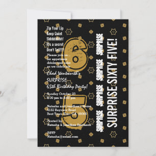 Invitación SORPRESA 65º cumpleaños moderno oro y negro W199B