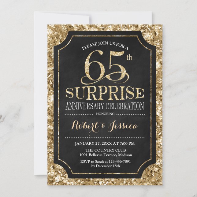 Invitación Sorpresa 65 Aniversario de Boda - Negro Oro (Anverso)