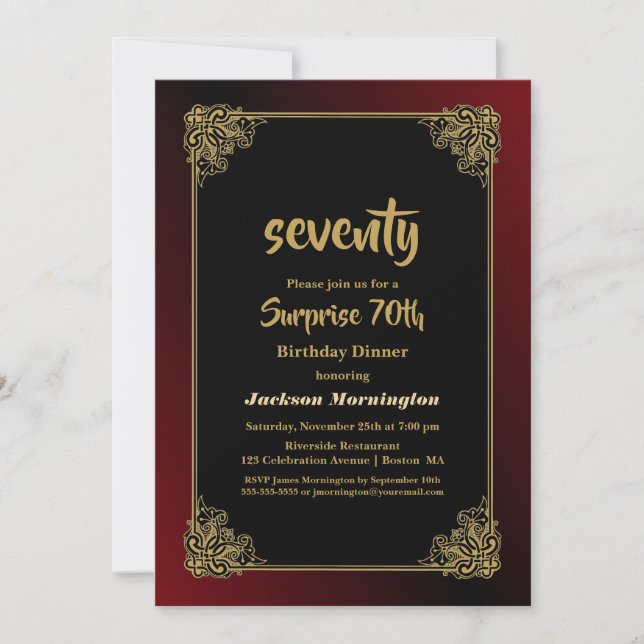 Invitación Sorpresa 70.ª cena de cumpleaños Oro Rojo Negro (Anverso)