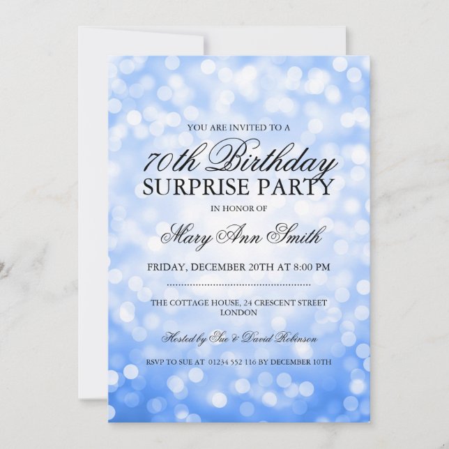 Invitación Sorpresa 70.ª fiesta de cumpleaños Purpurinas azul (Anverso)