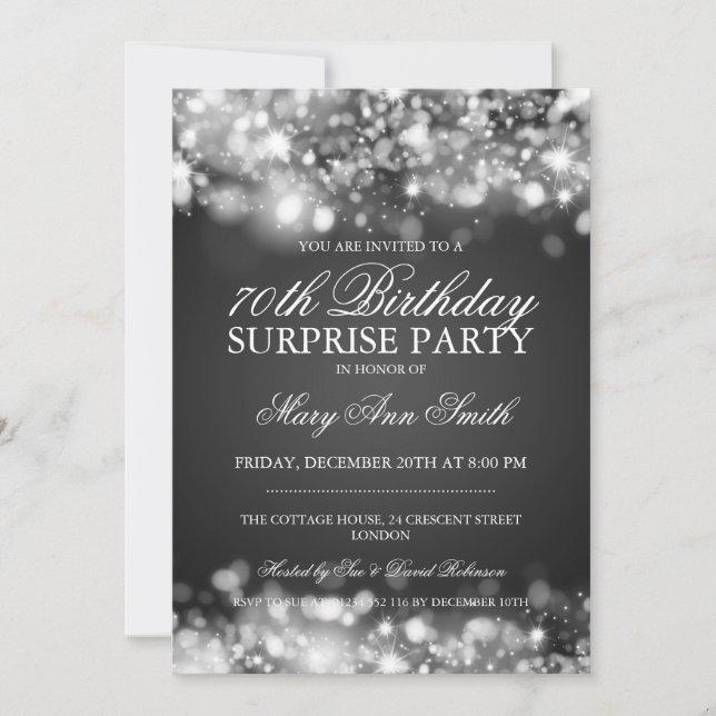 Invitación Sorpresa 70.ª luz de espuma plateada de cumpleaños (Anverso)