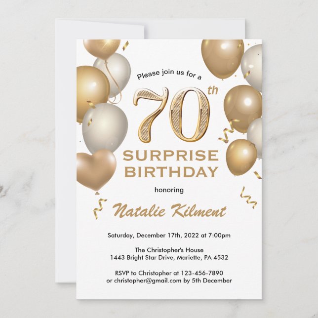Invitación Sorpresa 70.º Balón Blanco y Oro de cumpleaños (Anverso)