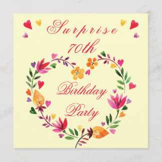 Invitación Sorpresa 70.º cumpleaños Acuarela Floral Corazón