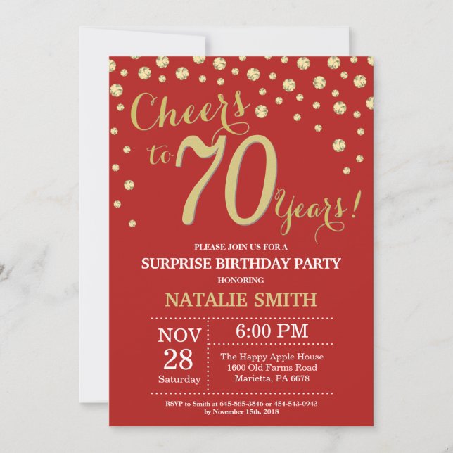 Invitación Sorpresa 70.º cumpleaños Diamante Rojo y Oro (Anverso)
