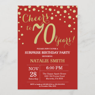 Invitación Sorpresa 70.º cumpleaños Diamante Rojo y Oro