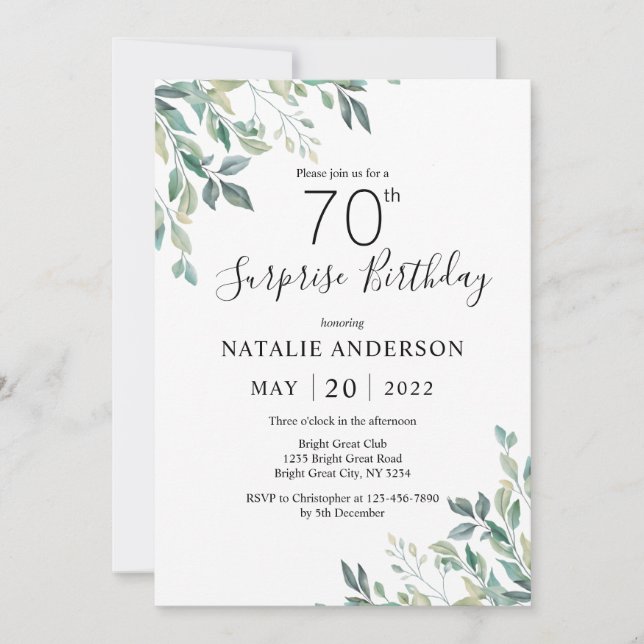 Invitación Sorpresa 70.º cumpleaños Ecología Verde Eucaliptus (Anverso)
