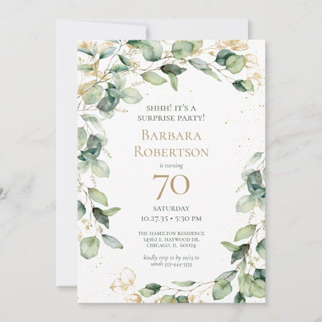 Invitación Sorpresa 70.º cumpleaños Eucalipto (Anverso)
