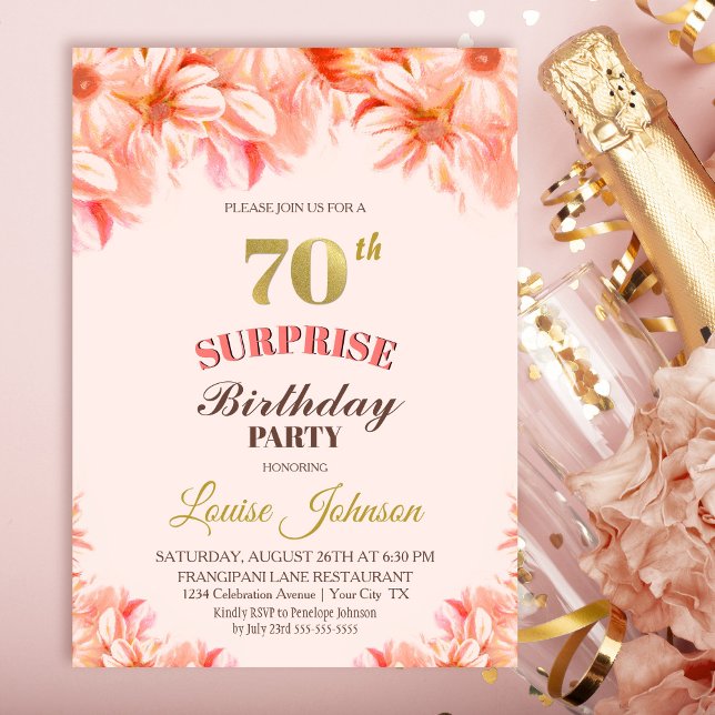 Invitación Sorpresa 70.º cumpleaños Fiesta floral de oro rosa (Subido por el creador)