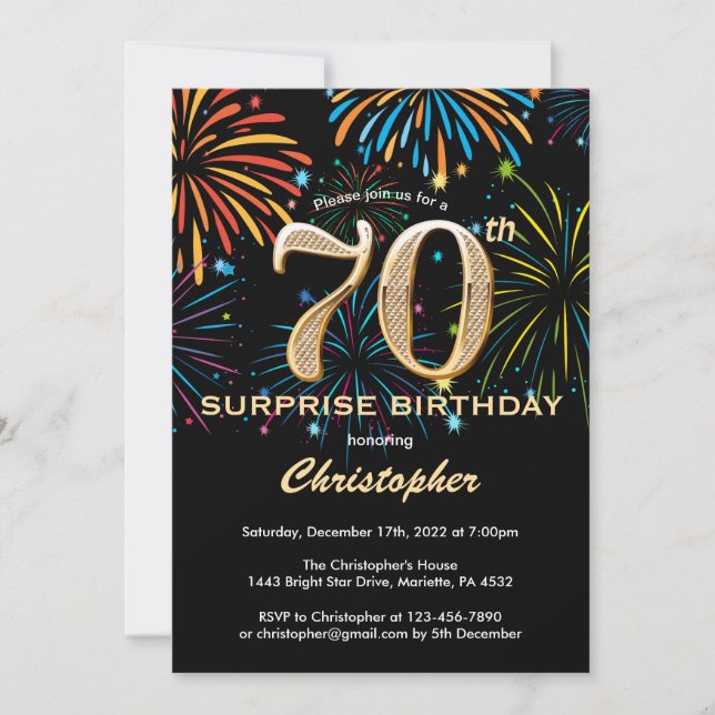 Invitación Sorpresa 70.º cumpleaños: Fuego de arcoiris de oro (Anverso)