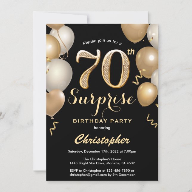 Invitación Sorpresa 70.º cumpleaños Globos de oro y negro (Anverso)