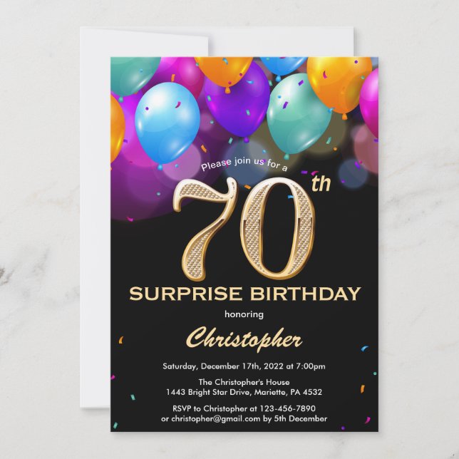 Invitación Sorpresa 70.º cumpleaños Globos de oro y negro (Anverso)
