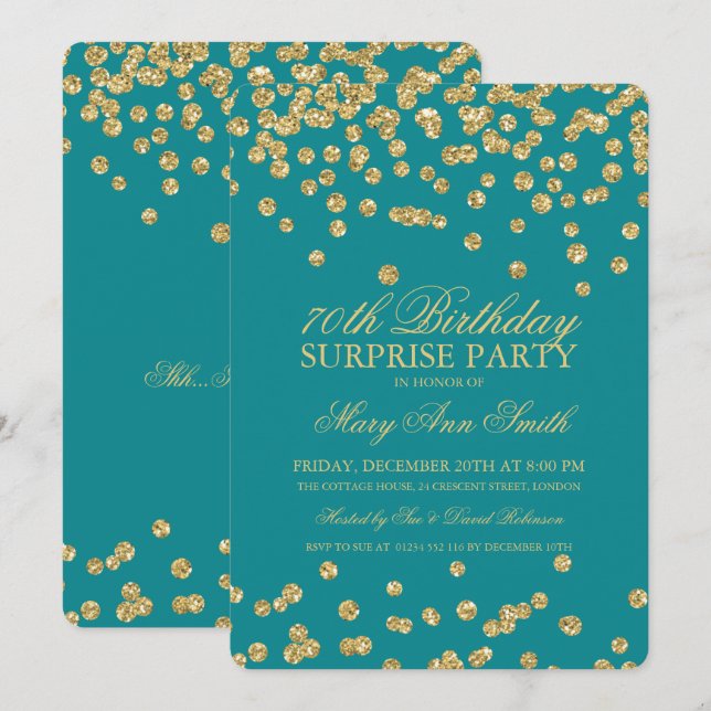 Invitación Sorpresa 70.º cumpleaños Purpurina de oro Confetti (Anverso / Reverso)