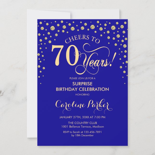 Invitación Sorpresa 70.º cumpleaños - Royal Blue Gold (Anverso)