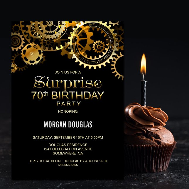 Invitación Sorpresa 70.º cumpleaños Steampunk de oro negro (Subido por el creador)