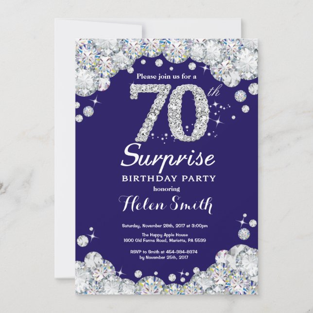 Invitación Sorpresa 70.º Diamante Plata Azul de la Marina de  (Anverso)