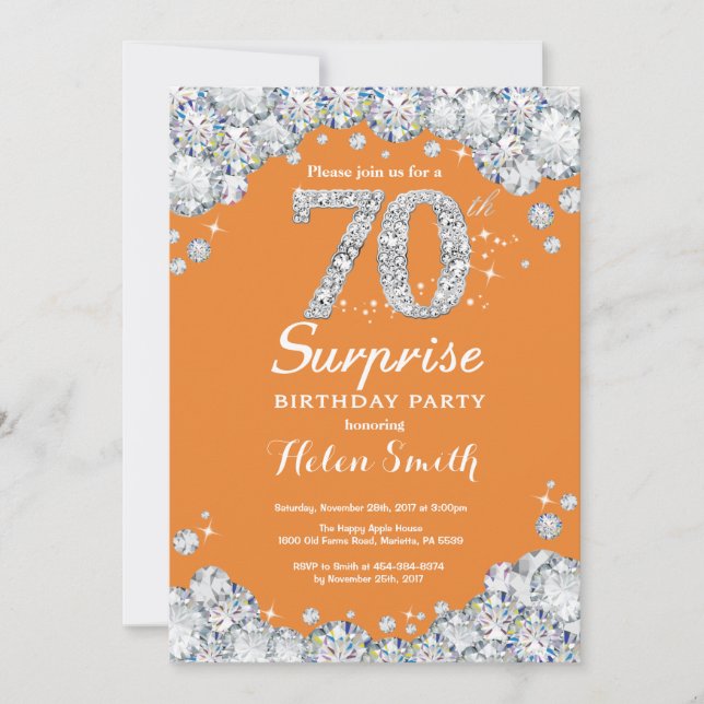 Invitación Sorpresa 70.º Naranja de cumpleaños y diamante pla (Anverso)
