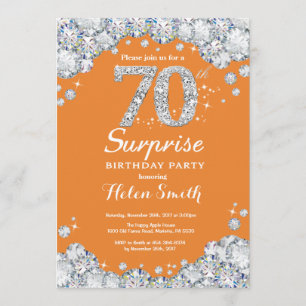 Invitación Sorpresa 70.º Naranja de cumpleaños y diamante pla