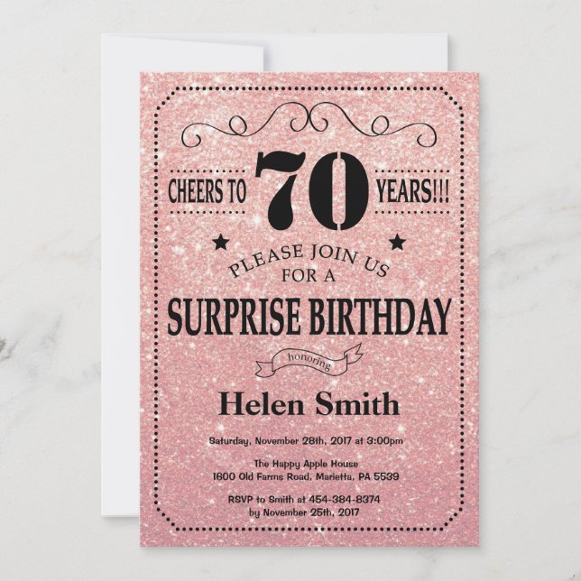 Invitación Sorpresa 70.º Purpurina de oro rosa de cumpleaños (Anverso)