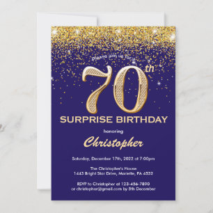 Invitación Sorpresa 70.º Purpurina de oro y azul de la Marina