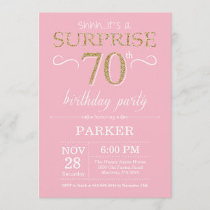 Invitación Sorpresa 70.º Purpurina de oro y rosado de cumplea