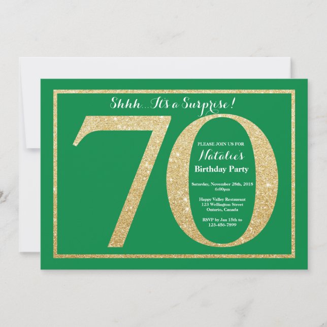 Invitación Sorpresa 70.º Purpurina Verde y Oro de Cumpleaños (Anverso)