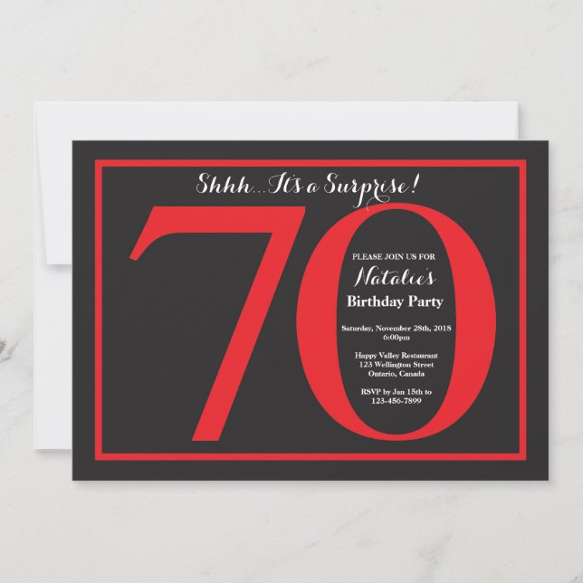 Invitación Sorpresa 70.º tablero rojo y negro de cumpleaños (Anverso)