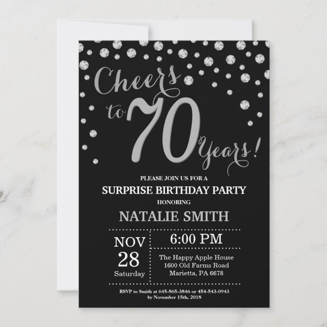 Invitación Sorpresa 70 años Diamante negro y plateado (Anverso)