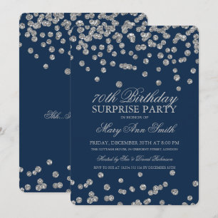 Invitación Sorpresa 70 años Purpurina plata azul Marina