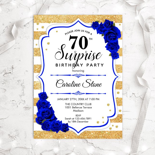 Invitación Sorpresa 70 cumpleaños - Azul real blanco dorado (Subido por el creador)