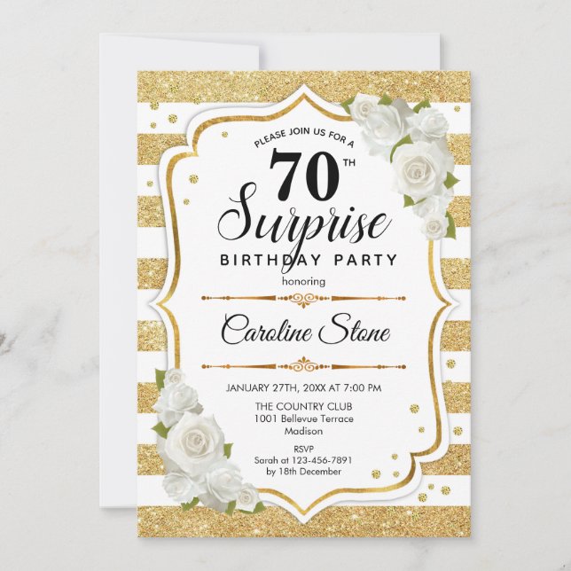 Invitación Sorpresa 70 cumpleaños - blanco dorado (Anverso)