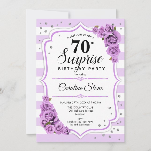 Invitación Sorpresa 70 cumpleaños - Blanco morado (Anverso)