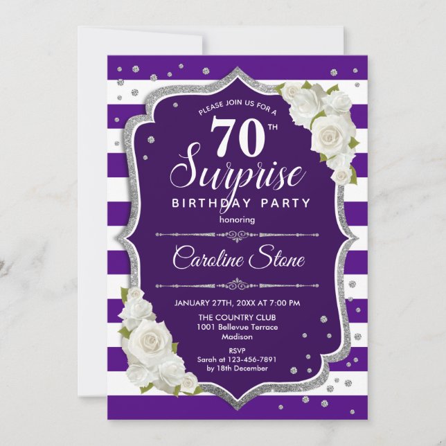 Invitación Sorpresa 70 cumpleaños - Blanco morado de plata (Anverso)