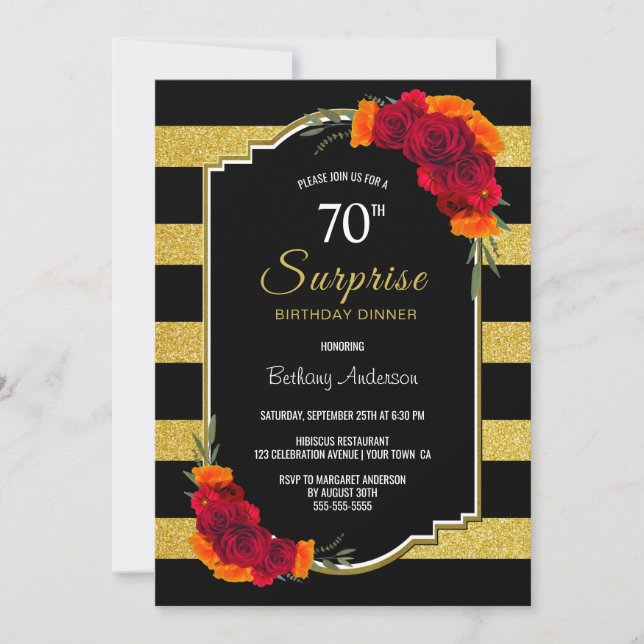 Invitación Sorpresa 70 cumpleaños cena Black Gold Striped (Anverso)