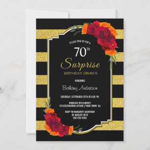 Invitación Sorpresa 70 cumpleaños cena Black Gold Striped