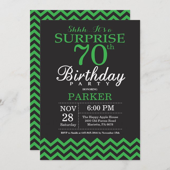 Invitación Sorpresa 70 cumpleaños Chevron negro y verde (Anverso / Reverso)