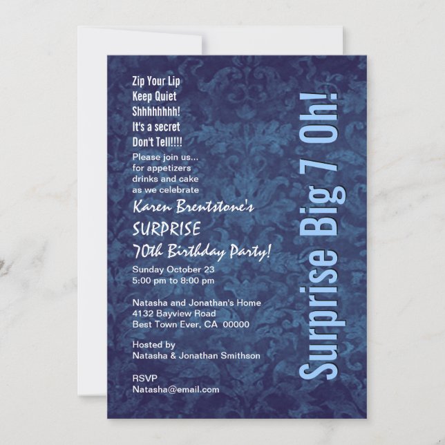 Invitación SORPRESA 70 cumpleaños Damasco Azul blanco W1467 (Anverso)