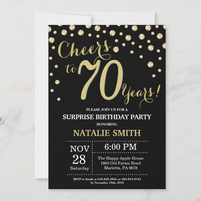 Invitación Sorpresa 70 cumpleaños Diamante negro y oro (Anverso)