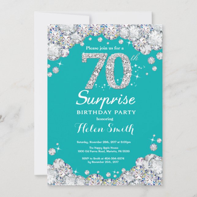 Invitación Sorpresa 70 cumpleaños Diamante Verde azulado y pl (Anverso)