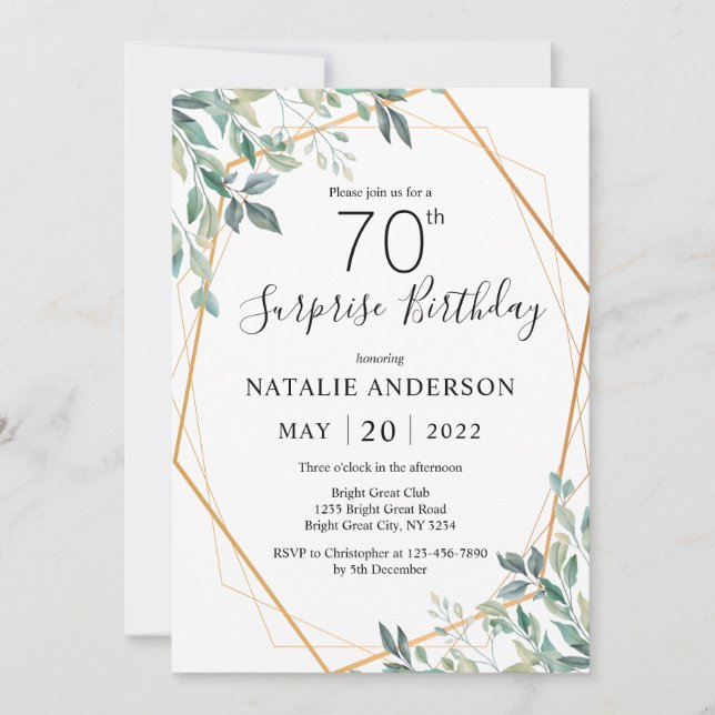Invitación Sorpresa 70 cumpleaños Eucalyptus Greenery & Gold (Anverso)
