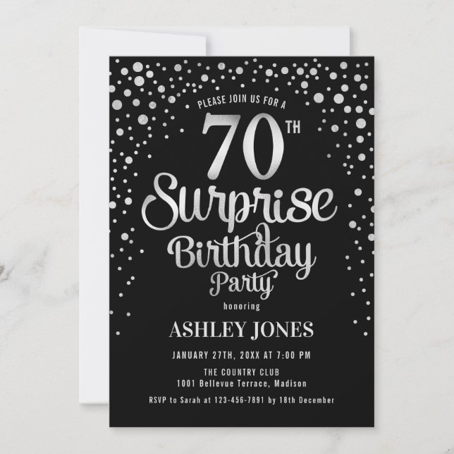 Invitación Sorpresa 70 cumpleaños fiesta - Plata y Negro (Anverso)