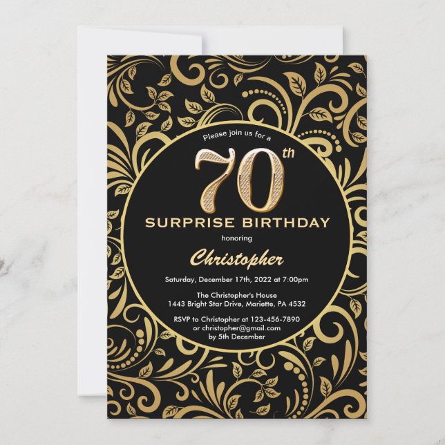 Invitación Sorpresa 70 cumpleaños Floral de oro y negro (Anverso)