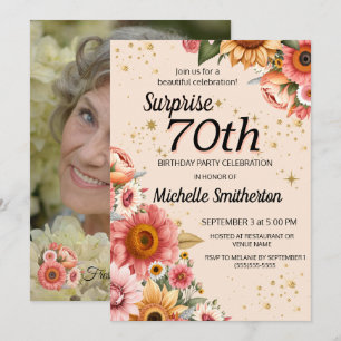 Invitación Sorpresa 70 Cumpleaños Foto Floral Melocotón Rosad