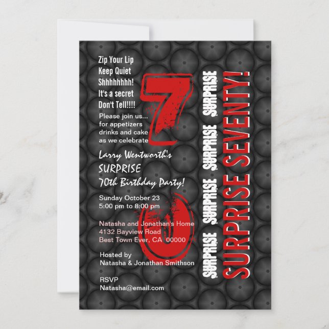 Invitación SORPRESA 70° cumpleaños moderno Círculos rojos neg (Anverso)
