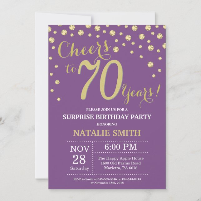 Invitación Sorpresa 70 cumpleaños morado y diamante dorado (Anverso)