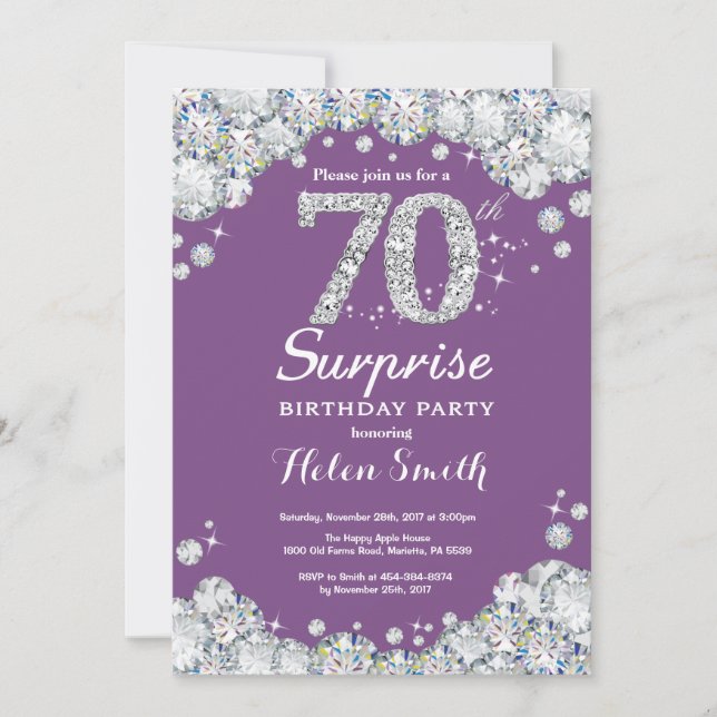 Invitación Sorpresa 70 cumpleaños morado y diamante plateado (Anverso)