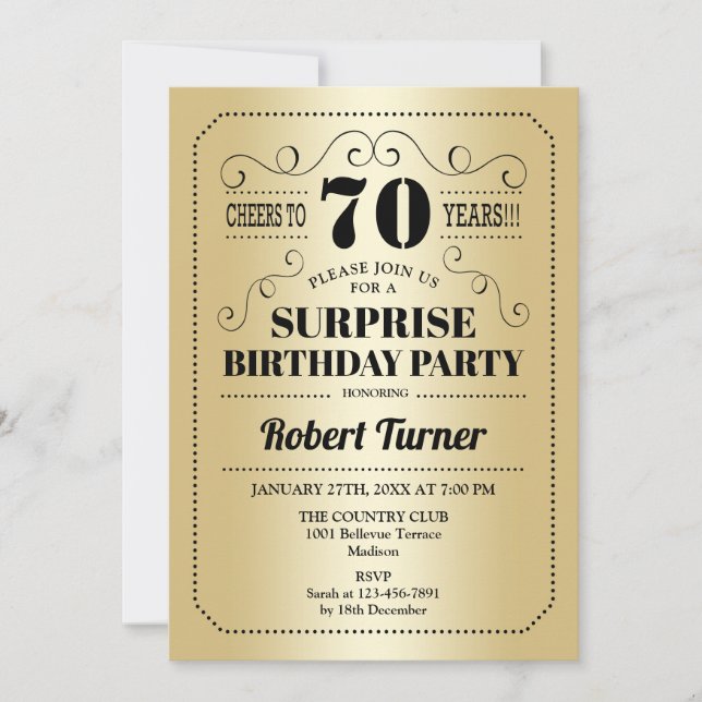 Invitación Sorpresa 70 cumpleaños - Negro de oro (Anverso)