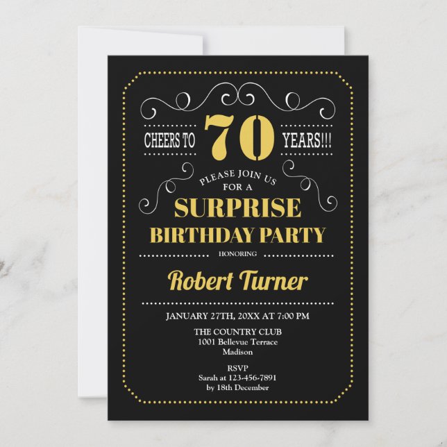 Invitación Sorpresa 70 cumpleaños - Oro negro (Anverso)
